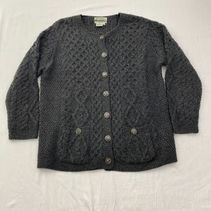 Aran Crafts Sweater Cardigan Womens XL Gray Merino Wool Fisherman Cable Knit
